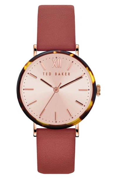 Shop Ted Baker Phylipa Leather Strap Watch, 37mm In Bordeaux/ Gold/ Tortoise