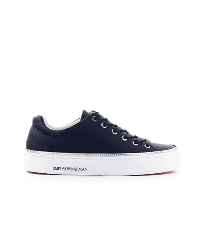 Shop Emporio Armani Navy Blue Leather Sneaker In Navy (blue)