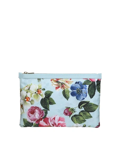 Shop Dolce & Gabbana Tropical Rose Printed Nylon Pouch In Light Blue