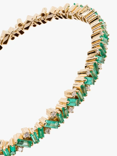 Suzanne Kalan 18k Yellow Gold Fireworks Emerald Baguette & Diamond Frenzy Cuff Bangle Bracelet In Yellow Gold/green