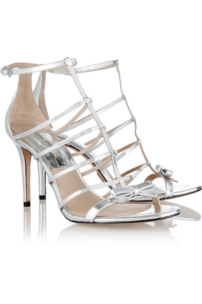 Shop Michael Kors Blythe Bow-embellished Metallic Leather Sandals In Silver