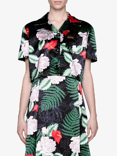 Shop Gucci Cropped Floral Shirt Jacket In Black