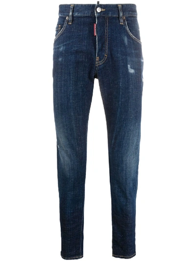 Shop Dsquared2 Stretch-cotton Denim Distressed Straight-leg Jeans In Blue