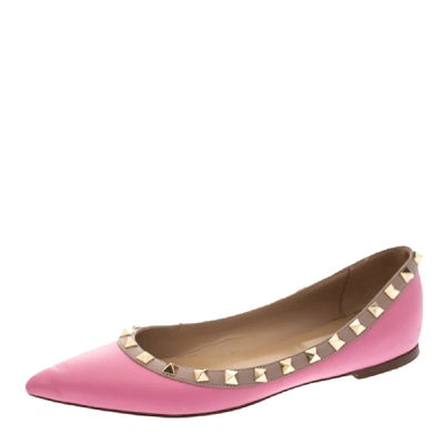 Pre-owned Valentino Garavani Pink Leather Rockstud Pointed Toe Ballet Flats Size 37