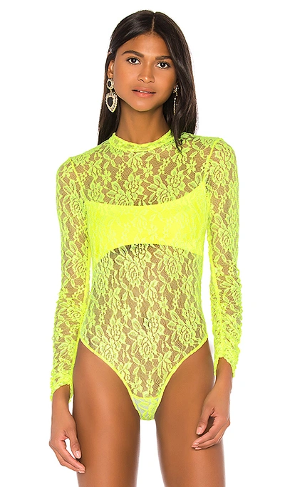 Shop Jonathan Simkhai X Revolve Long Sleeve Bodysuit In Neon Yellow Lace