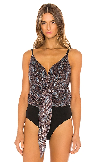 Shop Joa Tie Front Cami Bodysuit In Blue Multi