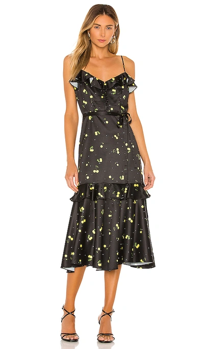 Shop Milly Cherry Print Stretch Satin Petal Dress In Black Yellow Multi