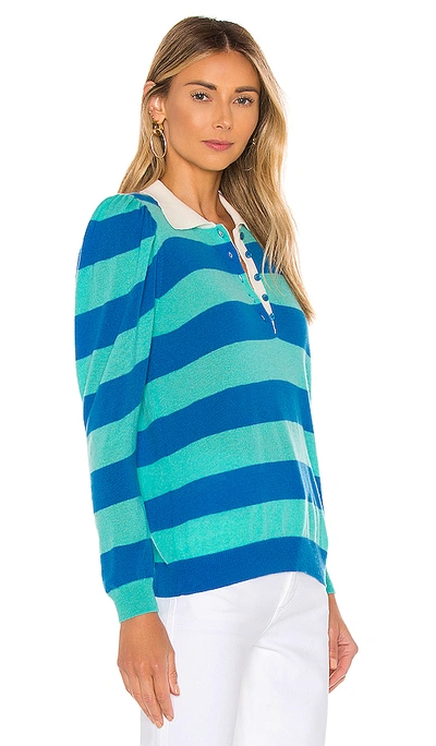 Shop Autumn Cashmere Puff Sleeve Rugby Stripe Polo In Blue Jay & Lagoon Combo