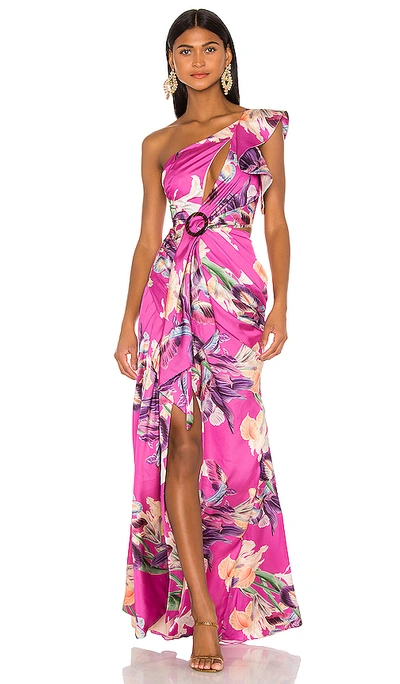 Shop Patbo Grace Print One Shoulder Maxi Dress In Fuchsia