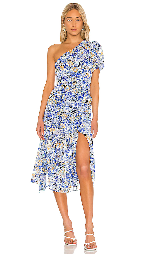 navy one shoulder midi dress
