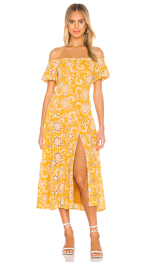 mustard one shoulder midi dress