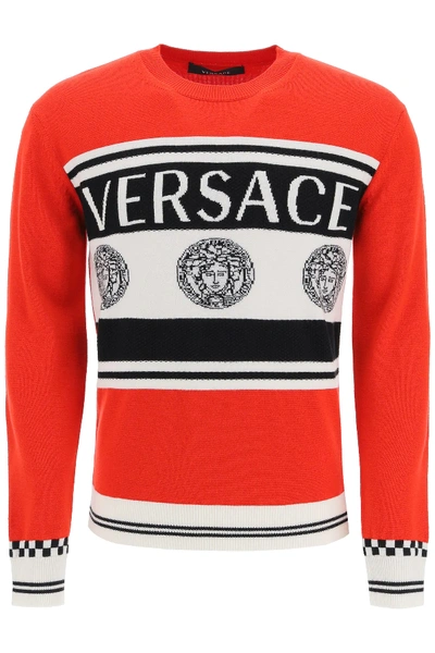 Shop Versace Sweater With Logo Intarsia In Red,white,black