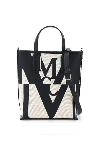 Shop Mcm Mini Canvas Tote Bag With Logo In Beige,black