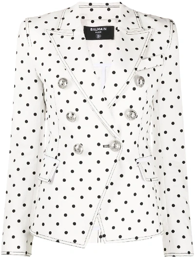 Shop Balmain Polka-dot Double-breasted Blazer In White