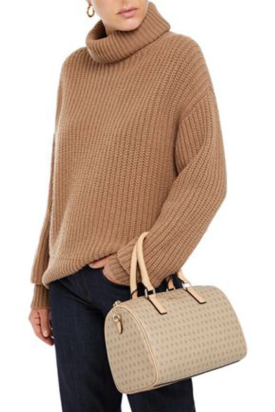 Shop Dkny Monogram-print Faux Textured-leather Tote In Beige