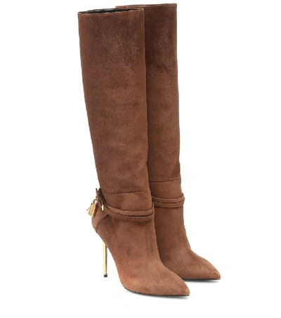 Shop Tom Ford Embellished Suede Knee-high Boots In Brown