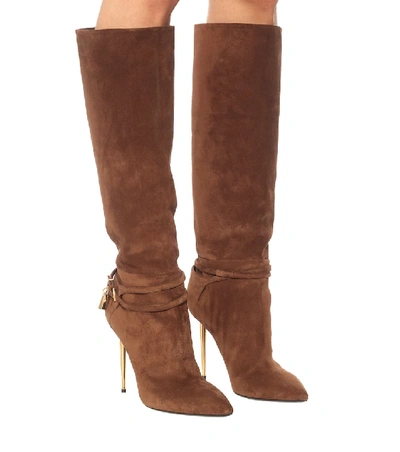 Shop Tom Ford Embellished Suede Knee-high Boots In Brown
