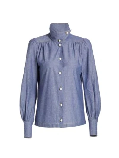 Shop Anna Mason Star Chambray Highneck Blouse In Blue Chambray