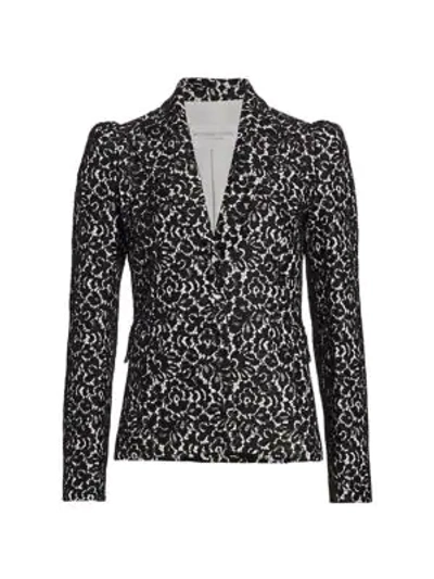 Shop Michael Kors Bonded Lace Puff-sleeve Blazer In Ivory Black