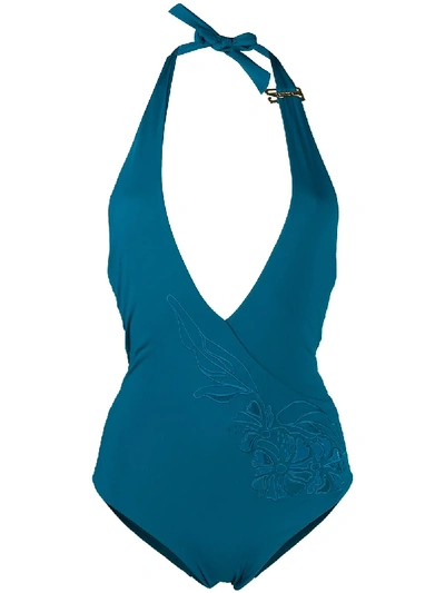 Shop La Perla Floral Embroidered Plunging Neck Swimsuit In Blue