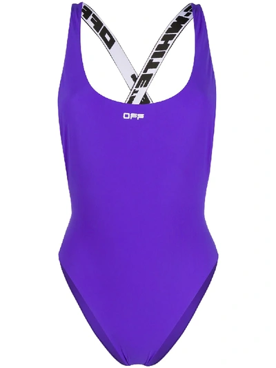 Shop Off-white Logo Tape Swimsuit In Purple