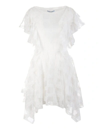 Shop Blumarine Emobroidered Asymmetrical Tulle Dress In Bianco