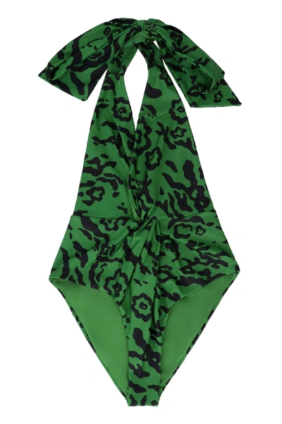Shop Self-portrait Leopard Print One-piece Swimsuit In Green