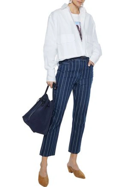 Shop Current Elliott The Vintage Cropped Striped High-rise Slim-leg Jeans In Dark Denim