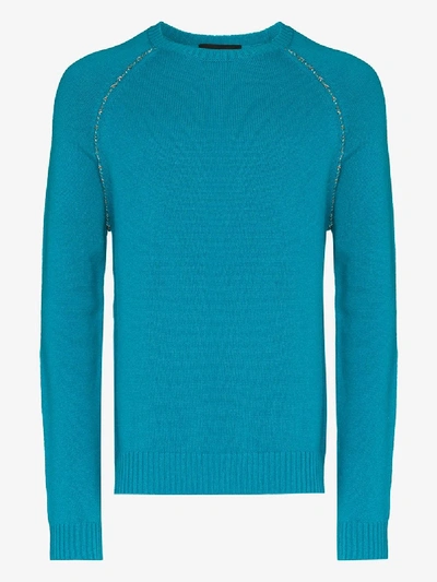 Shop Alanui Embroidered Elbow Patch Cashmere Sweater In 5788 Aquamarine Green Multicolor