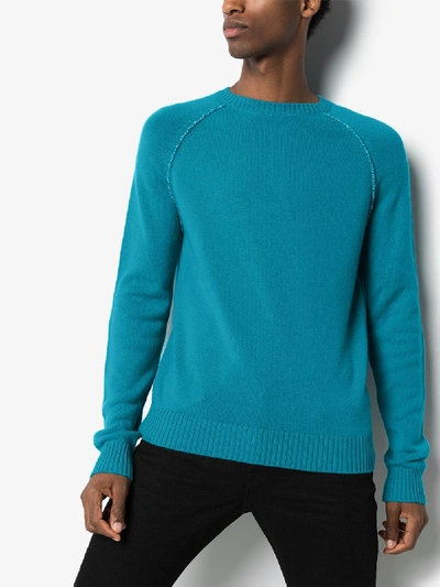 Shop Alanui Embroidered Elbow Patch Cashmere Sweater In 5788 Aquamarine Green Multicolor