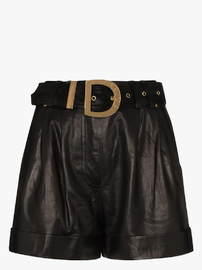 Shop Balmain High Waist Leather Shorts In Black