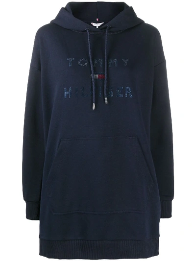 Shop Tommy Hilfiger Embellished Logo Hoodie Dress In Blue