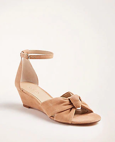 Shop Ann Taylor Kaylin Suede Knot Wedge Sandals In Spiced Chai