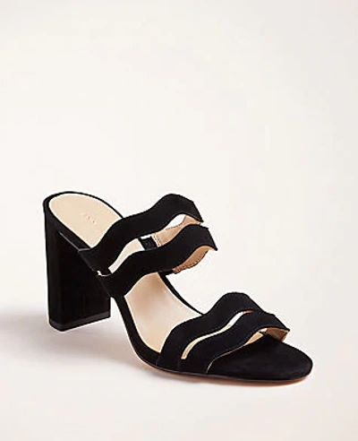 Shop Ann Taylor Tyler Wavy Suede Block Heel Sandals In Black