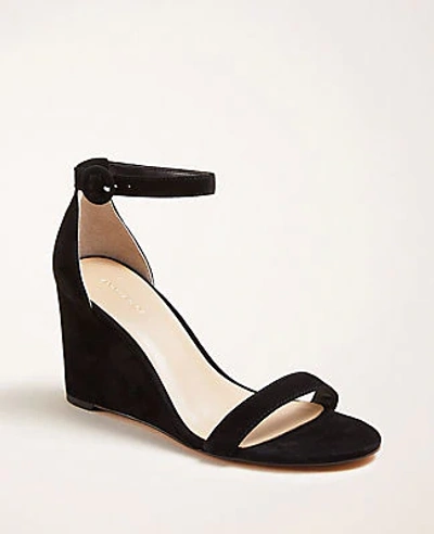 Shop Ann Taylor Brett Suede Wedge Sandals In Black