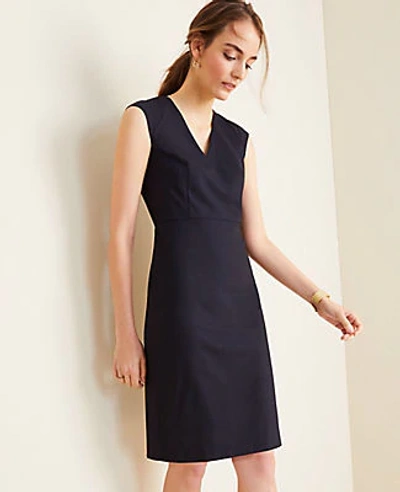 Shop Ann Taylor The Petite V-neck Sheath Dress In Tropical Wool In True Navy