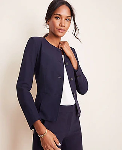 Shop Ann Taylor The Pleated Crewneck Jacket In Seasonless Stretch In Perfect Navy