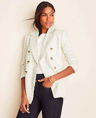 Ann Taylor Petite Fringe Tweed Double Breasted Jacket In Icy Sage | ModeSens