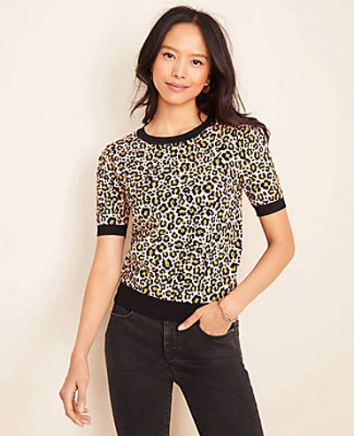 Shop Ann Taylor Petite Leopard Print Puff Sleeve Sweater In Black Multi