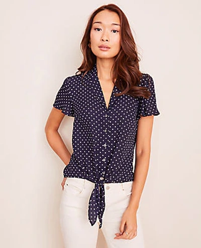 Shop Ann Taylor Dot Notched Collar Tie Front Top In Night Sky