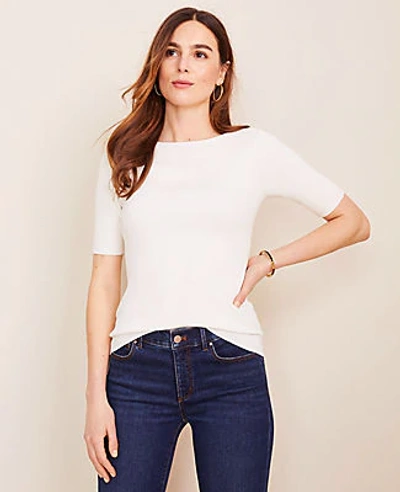 Shop Ann Taylor Petite Boatneck Perfect Pullover In Winter White