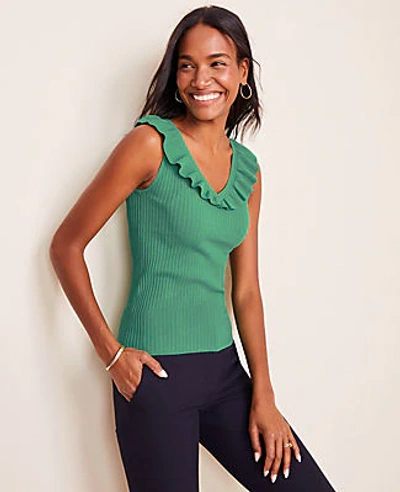 Shop Ann Taylor Petite Ruffle Ribbed Sweater Shell Top In Crystal Green