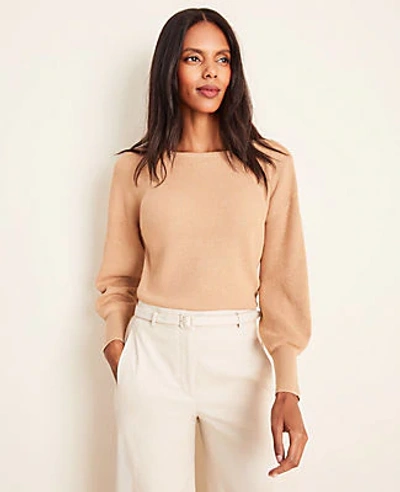 Shop Ann Taylor Ribbed Balloon Sleeve Sweater In Rich Camel