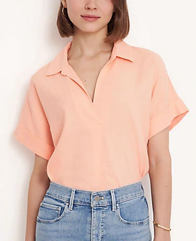 Shop Ann Taylor Linen Blend Split Neck Shirt In Pastel Peach