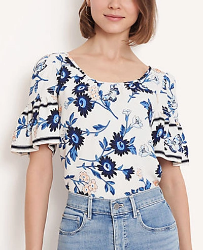 Shop Ann Taylor Floral Mixed Media Flare Sleeve Tee In Winter White