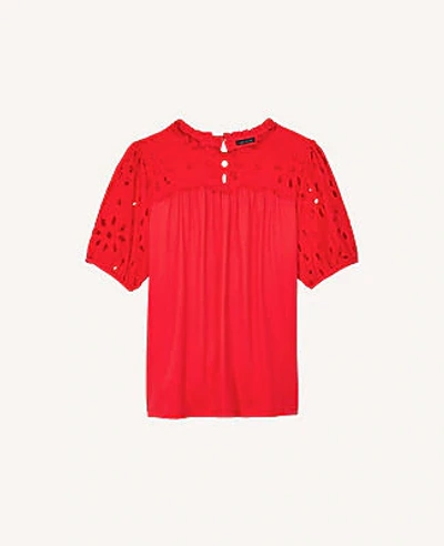 Shop Ann Taylor Eyelet Puff Sleeve Pima Cotton Tee In Red Carnation