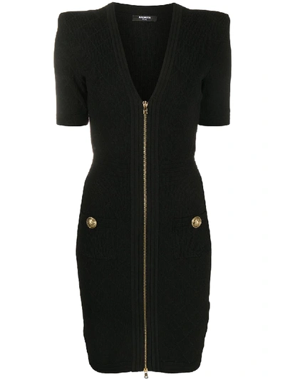 Shop Balmain Zip-up Ribbed-knit Dress In Black