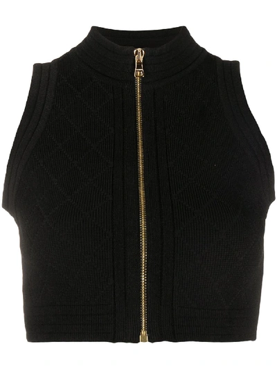 Shop Balmain Zip-up Ribbed-knit Top In Black