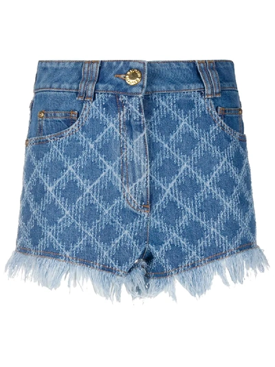 Shop Balmain Frayed-edge Denim Shorts In Blue