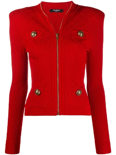 Shop Balmain Zip-up Knitted Cardigan In Red